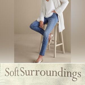 $130 NEW SOFT SURROUNDINGS PEARL EMBELLISHED FLY STRAIGHT LEG JEANS 10 LARGE NWT